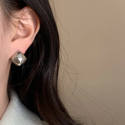 Geometric Square Huggie Earrings With 925 Sterling Silver Earring Post Copper Textured Double Sided French Vintage Style