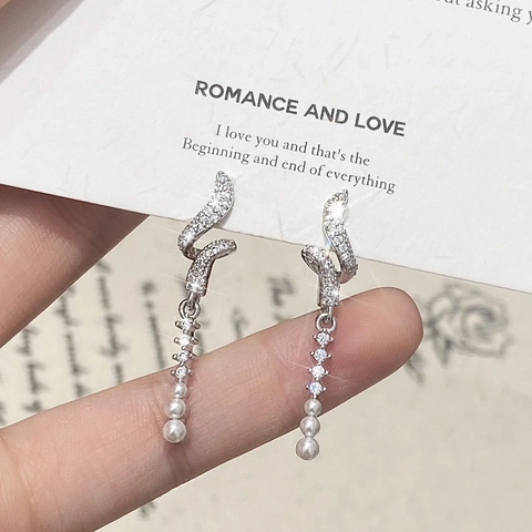 Geometric Spiral Drop Earrings With Zircon And Artificial Pearl Elegant Long Tassel Jewelry For Women Silver Earring Post