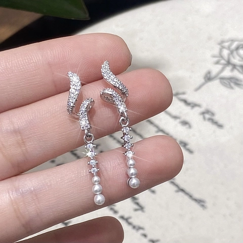 Geometric Spiral Drop Earrings With Zircon And Artificial Pearl Elegant Long Tassel Jewelry For Women Silver Earring Post
