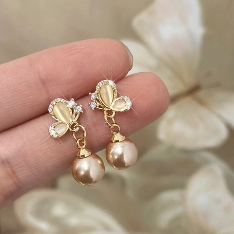 Butterfly Artificial Pearl Dangle Earrings With Cat Eye Stone Zircon And 925 Sterling Silver Earring Post For Women