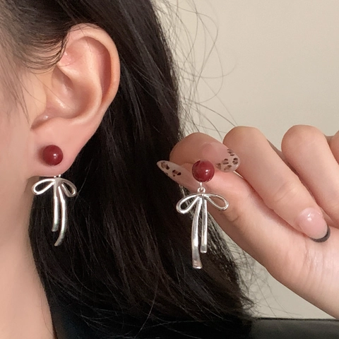 Orecchini A Goccia Con Fiocco Da Donna Rame Con Perla Artificial Rossa Stile Dolce Retrò Con Perno In Argento Sterling 925