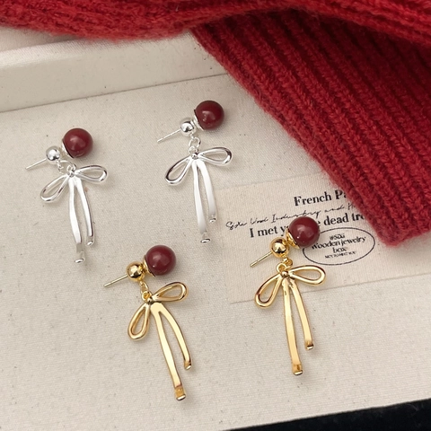 Orecchini A Goccia Con Fiocco Da Donna Rame Con Perla Artificial Rossa Stile Dolce Retrò Con Perno In Argento Sterling 925