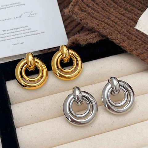 Geometrische Hoepel Oorbellen Voor Vrouwen Minimalistisch Vintage Goud Verguld Koper Dubbele Cirkel Meerlaags Hoogglans