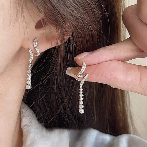 Wavy Ribbon Tassel Artificial Pearl Earrings With Zircon Micro Pave And 925 Sterling Silver Earring Post Elegant For Women
