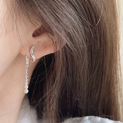 Wavy Ribbon Tassel Artificial Pearl Earrings With Zircon Micro Pave And 925 Sterling Silver Earring Post Elegant For Women