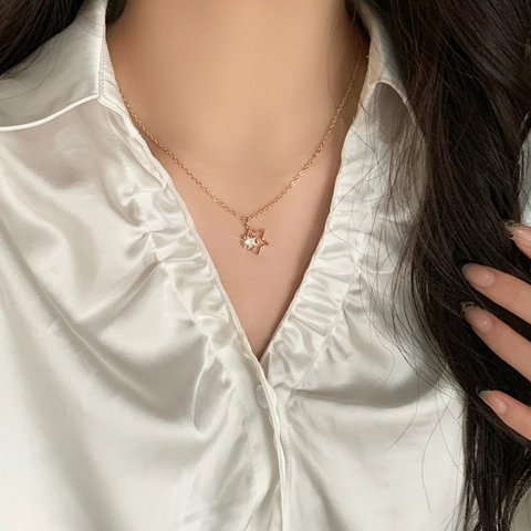 Schneeflocke Stern Anhänger Halskette Kupfer Roségold Vergoldet Zirkonia Zierliche Schlüsselbeinkette Schmuck Für Damen