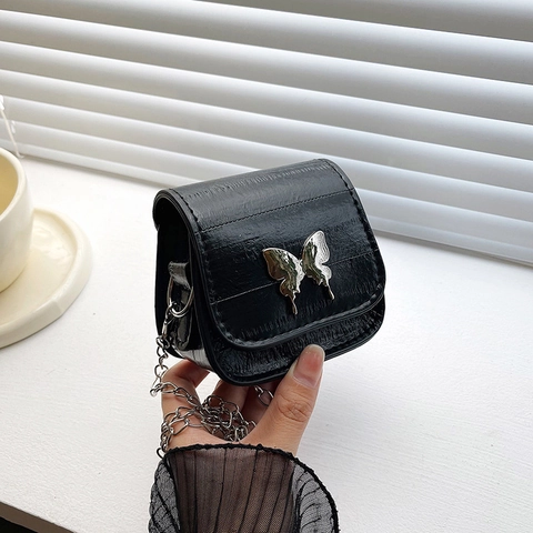 Women Mini Crossbody Bag PU Leather Metal Butterfly Decoration Elegant Chain Strap Fashion Square Pouch Trendy