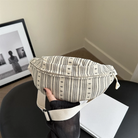 Vintage Canvas Stripe Chest Bag For Women Large Capacity Crescent Crossbody Bag Geometric Pattern Casual Shoulder Bag
