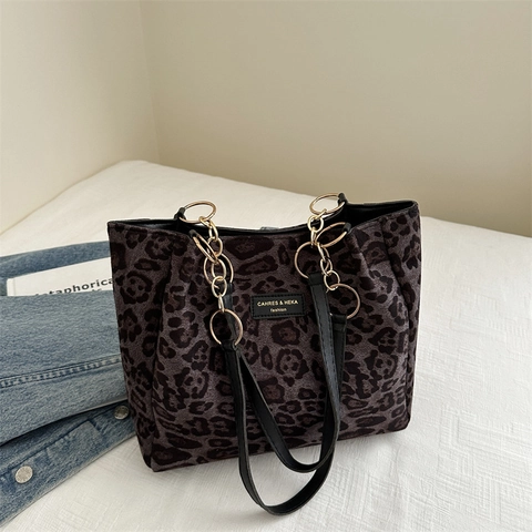 Sac Cabas Motif Léopard Femmes Grande Capacité Cuir PU Chaîne Dorée Sac À Épaule Sac À Main Mode Vintage Style Urbain