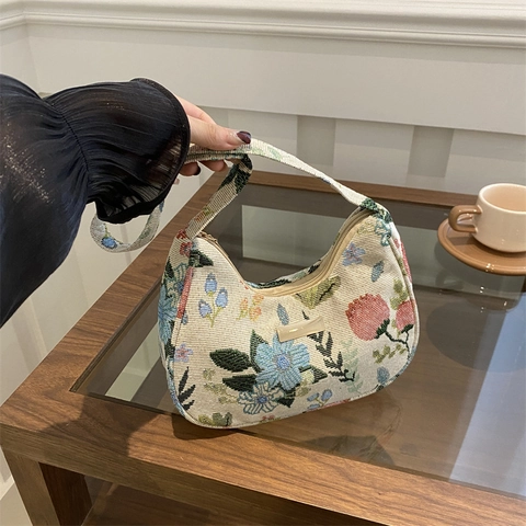 Damen Vintage Blumen Cord Achseltasche Süße Erdbeere Jacquard Hobo Schultertasche Casual Umhängetasche Kleine Quadratische Tasche
