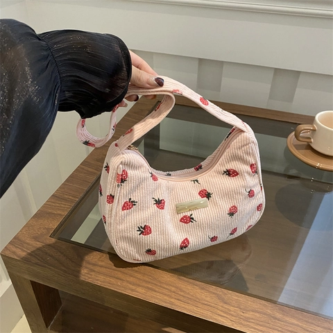 Damen Vintage Blumen Cord Achseltasche Süße Erdbeere Jacquard Hobo Schultertasche Casual Umhängetasche Kleine Quadratische Tasche