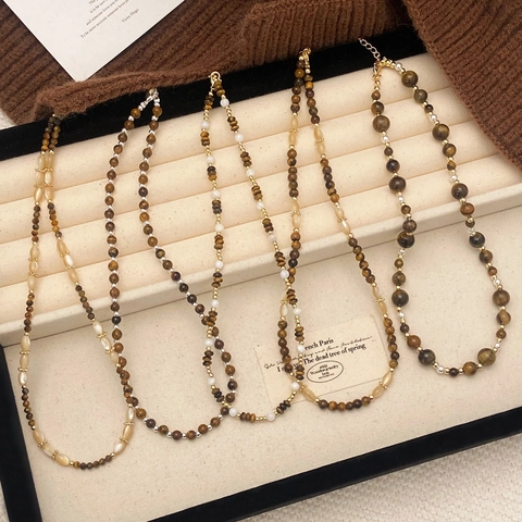 Beaded Necklace Natural Tiger Eye Stone Shell Copper Retro Maillard Style Multi Layer For Women Handcrafted