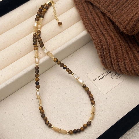 Collana Di Perle In Pietra Occhio Di Tigre E Conchiglia Fatta A Mano Gioielli Stile Vintage Da Donna