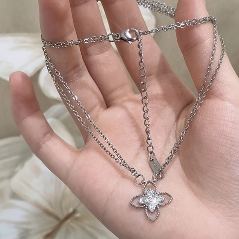 Collana Con Pendente Fiore A Quattro Foglie In Zircone Doppia Catena Rame Design Cavo Gioielli Di Moda Per Donna