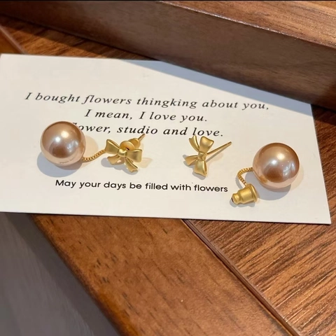 Bow Knot Artificial Pearl Dangle Earrings French Style Lightweight Luxury Champagne Gold Plated Copper Earring Post Two Ways To Wear