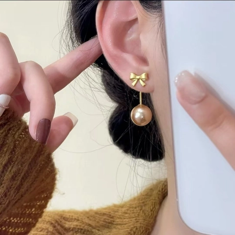 Bow Knot Artificial Pearl Dangle Earrings French Style Lightweight Luxury Champagne Gold Plated Copper Earring Post Two Ways To Wear