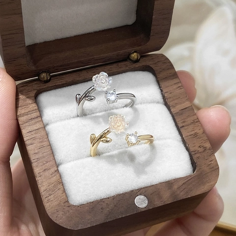Anillo Abierto Ajustable De Flor Camelia Rosa Cobre Chapado En Oro De 14K Circón Joyería Elegante Para Mujeres