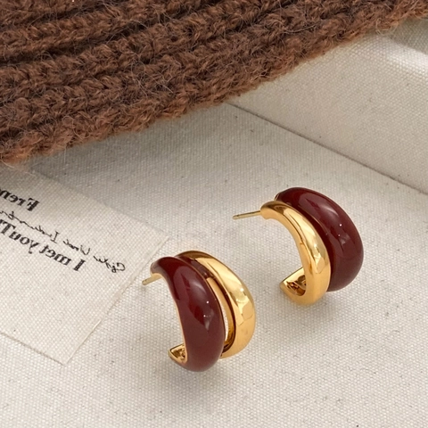 Orecchini A Cerchio A Forma Di C Rame Placcato Oro Smalto Rosso Colore A Contrasto Stile Vintage Geometrico Per Donna