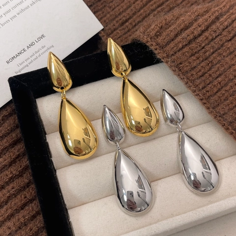 Double Water Drop Dangle Earrings Copper 18K Gold Plated With 925 Sterling Silver Earring Post Mirror Polished Minimalist