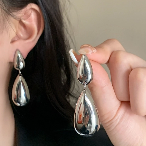 Double Water Drop Dangle Earrings Copper 18K Gold Plated With 925 Sterling Silver Earring Post Mirror Polished Minimalist