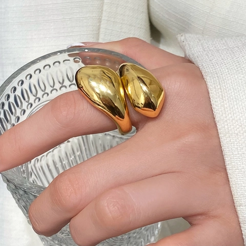 Geometric Open Ring 18K Gold Plated Copper Organic Fluid Liquid Metal Minimalist Jewelry For Women