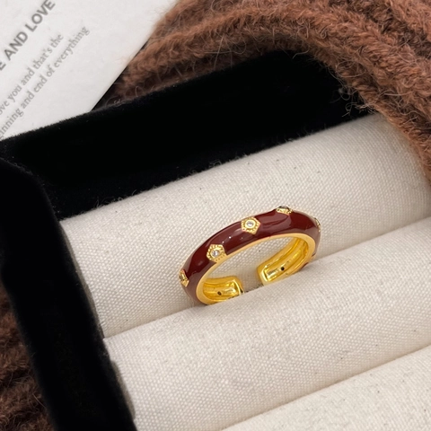 Anello Aperto In Smalto Vintage Rame Placcato Oro 18k Zirconia Cubica Regolabile Geometrico Starburst Gioielli Donna