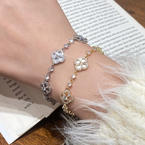 Klavertje Bloem Armband Koper Verguld Met Zirkonia En Schelp Verstelbare Schuifsluiting Sieraden Voor Dames