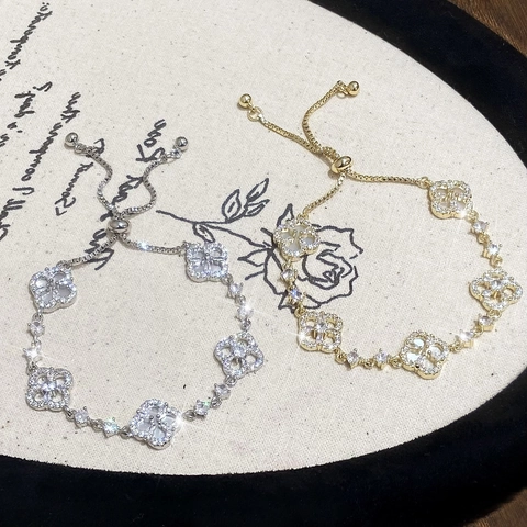 Klavertje Bloem Armband Koper Verguld Met Zirkonia En Schelp Verstelbare Schuifsluiting Sieraden Voor Dames