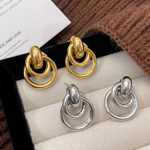 Geometric Multi Ring Hoop Earrings Women Minimalist 18K Gold Plated Metal Interlocking Circles With Copper Earring Post