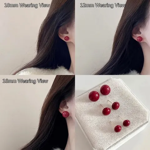 Red Round Bead Stud Earrings Copper With 925 Sterling Silver Earring Post Glossy Retro Style For Women Commuter