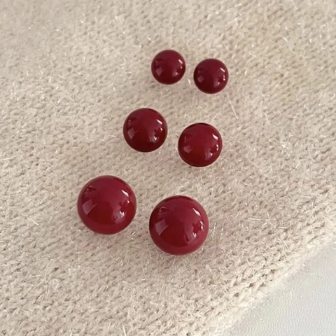 Red Round Bead Stud Earrings Copper With 925 Sterling Silver Earring Post Glossy Retro Style For Women Commuter