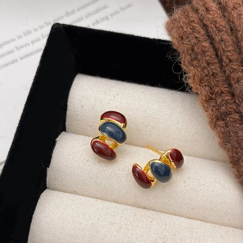 Pendientes Geométricos Para Mujer Retro Francés Aleación Chapada En Oro 18K Esmalte Rojo Azul Con Poste De Plata De Ley 925