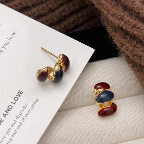 Pendientes Geométricos Para Mujer Retro Francés Aleación Chapada En Oro 18K Esmalte Rojo Azul Con Poste De Plata De Ley 925