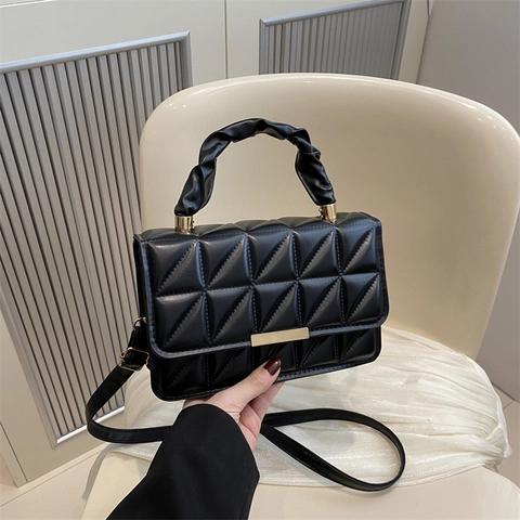 Fashion Women Quilted Crossbody Bag Geometric Faux Leather Small Square Shoulder Bag With Ruched Handle Gold Metal Buckle