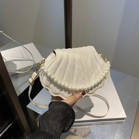 Women Korean Style Shell Crossbody Bag PU Leather With Artificial Pearl Handle Pleated Fashion Simple Shoulder Bag For Daily Commute
