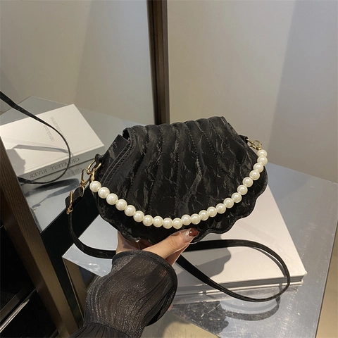 Women Korean Style Shell Crossbody Bag PU Leather With Artificial Pearl Handle Pleated Fashion Simple Shoulder Bag For Daily Commute