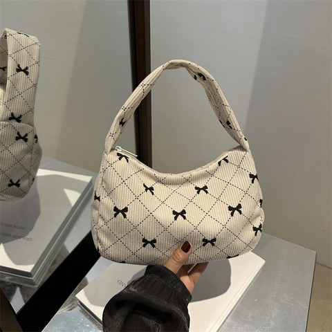 Damen Cord Unterarmtasche Diamant Gesteppt Schleife Druck Halbmond Reißverschluss Handtasche Retro