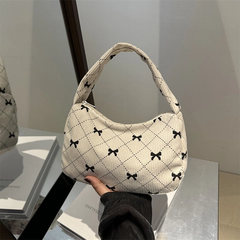 Damen Cord Unterarmtasche Diamant Gesteppt Schleife Druck Halbmond Reißverschluss Handtasche Retro