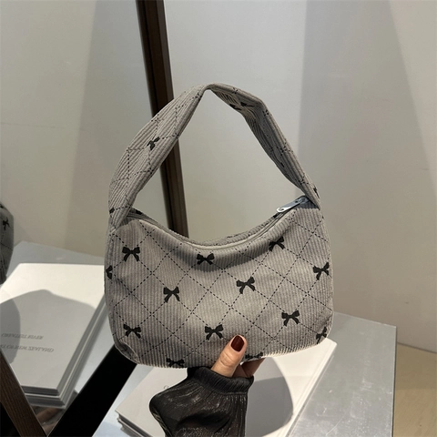 Cord-Unterarmtasche Für Damen Vintage Gesteppt Schleifendruck Schulterhandtasche Japanisch Koreanischer Stil Lässig Süß