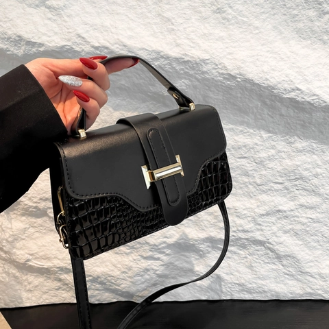 Small Square Crossbody Bag For Women PU Leather Crocodile Pattern Patchwork Top Handle Handbag Adjustable Strap Versatile