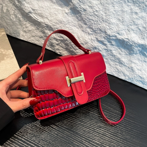 Small Square Crossbody Bag For Women PU Leather Crocodile Pattern Patchwork Top Handle Handbag Adjustable Strap Versatile