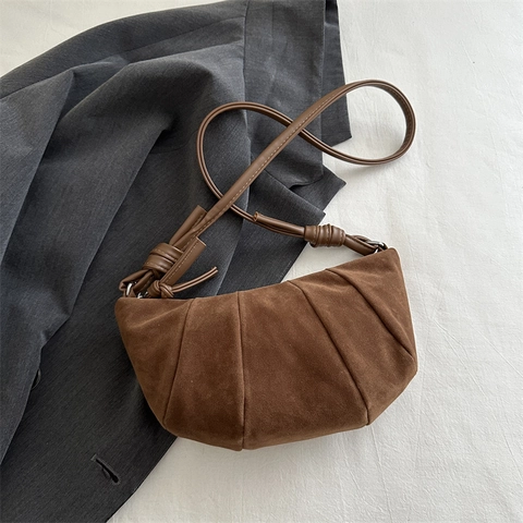 Bolso Croissant Plisado de Gamuza Sintética Minimalista Francés para Mujer Bolso de Hombro Media Luna Color Sólido