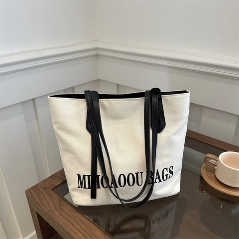 Large Capacity Canvas Tote Bag For Women Minimalist Letter Print Shoulder Bag Functional Daily Commute Bag