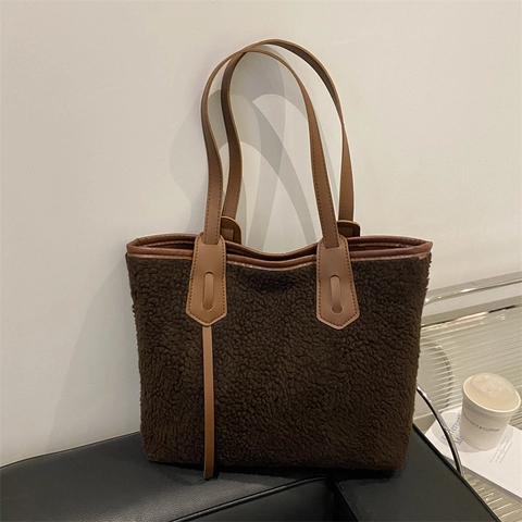 Women Trendy Nylon Fleece Large Capacity Tote Bag Urban Simple Solid Color Shoulder Bag Autumn Winter Casual Handbag