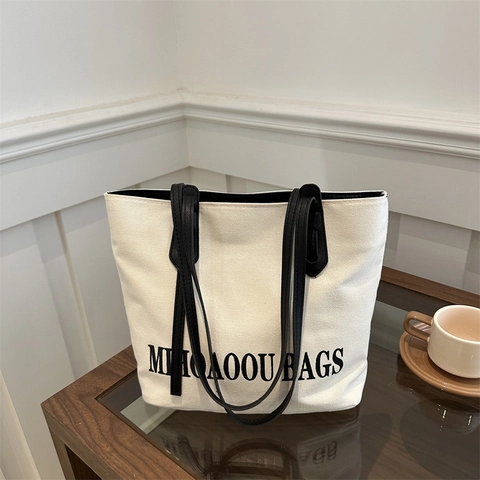 Large Capacity Canvas Tote Bag For Women Minimalist Letter Print Shoulder Bag Functional Daily Commute Bag