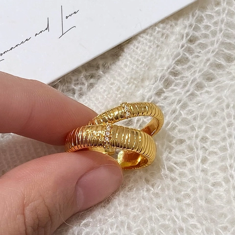 French Vintage Light Luxury Ribbed Adjustable Ring Copper With Zircon Inlay Retro Wide Band For Women