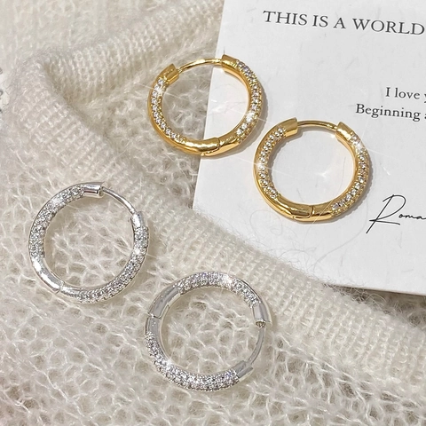 Geometric Round Hoop Earrings With 925 Sterling Silver Earring Post Copper Full Pave Zirconia Luxury Minimalist Women