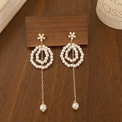 Eleganti Orecchini Lunghi Con Nappe Di Künstliche Perle E Perno In Rame Placcati Oro 14K Zircone Fiori Per Donna Stile Vintage