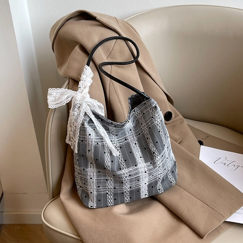 Women Sweet Lace Plaid Polka Dot Bucket Bag Fabric Underarm Shoulder Bag With Lace Bow Decoration Korean Fashion Handbag