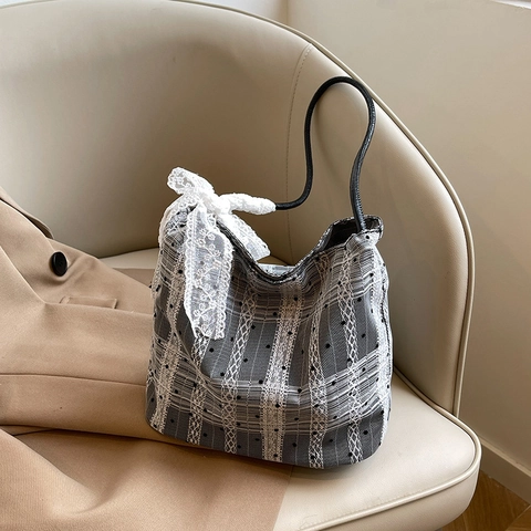 Women Sweet Lace Plaid Polka Dot Bucket Bag Fabric Underarm Shoulder Bag With Lace Bow Decoration Korean Fashion Handbag